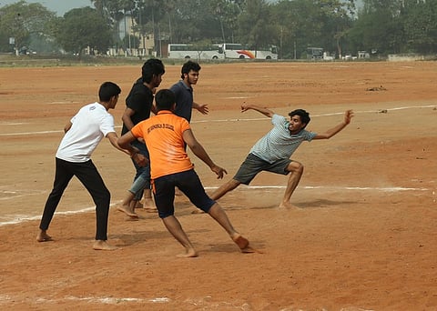 Students playing kabbadi as part of Adudam Andhra at AU Grounds in Visakhapatnam.