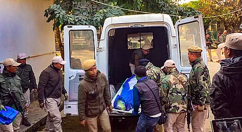 Security personnel carry mortal remains of policeman Wangkhem Somorjit, who sustained gunshot wounds in a militant attack and succumbed to injuries during treatment, in Manipur, Wednesday, Jan. 17, 2024.