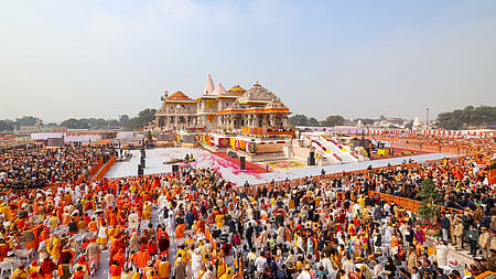Gathering during the consecration ceremony at the Ram Mandir in Ayodhya, Monday, Jan. 22, 2024. 