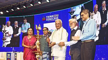 Kerala governor Arif Mohammed Khan lights the lamp to inaugurate the Think Edu 2024 conclave being held in Chennai on Wednesday.