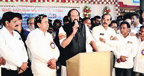 Irrigation Minister Uttam Kumar Reddy addresses the 75th anniversary celebrations of the Government High School in Ponugode in Suryapet district on Sunday.