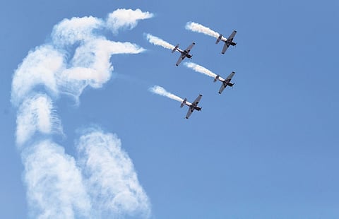 Mark Jefferies jets fly high on Thursday during Asia’s largest civil 
aviation event, ‘Wings India 2024’, in Hyderabad; Vinay Madapu
