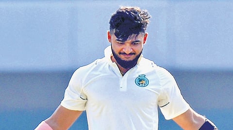 Riyan Parag of Assam celebrates his century against Kerala in Guwahati 