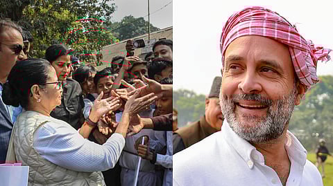 (L) West Bengal CM Mamata Banerjee during her visit, in Cooch Behar district, Monday. (R) Congress leader Rahul Gandhi during the 'Bharat Jodo Nyaya Yatra in Araria Bihar.
