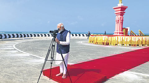 Prime Minister Narendra Modi during a visit to Arichal Munai point, said to be the place from where the Ram Setu was built, in Tamil Nadu, Sunday, Jan. 21, 2024.