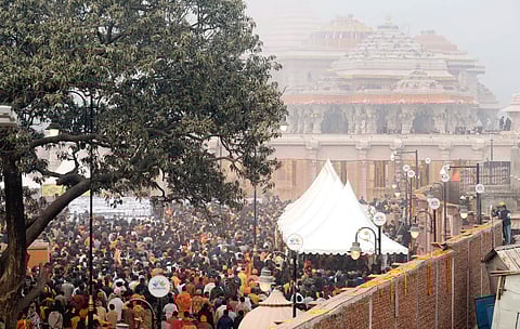 Large number of devotees gather to enter the Ram temple, in Ayodhya, Tuesday, Jan. 23, 2024.