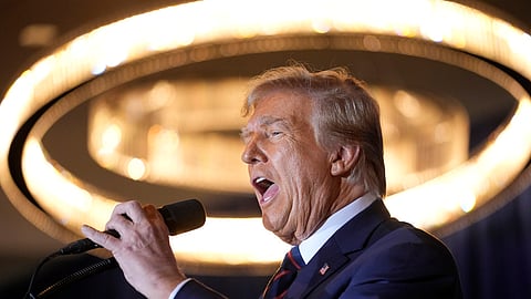 Republican presidential candidate former President Donald Trump speaks at a primary election night party in Nashua, N.H., on Jan. 23, 2024. 