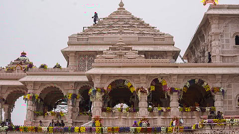 Ram Mandir being decorated with flowers ahead of its consecration ceremony, in Ayodhya.