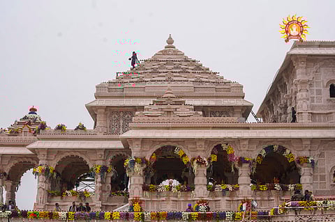Ram Mandir being decorated with flowers ahead of its consecration ceremony, in Ayodhya.
