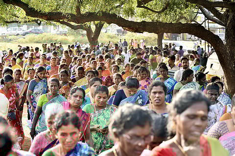 Sanitary workers stage a protest demanding wage hikes and basic amenities, at Ambattur on Jan 23, 2024.