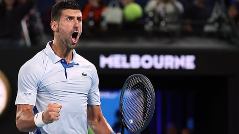 Novak Djokovic of Serbia reacts during his fourth round match against Adrian Mannarino of France at the Australian Open tennis championships on Jan. 21, 2024.