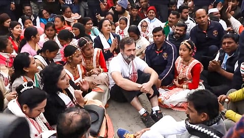Congress leader Rahul Gandhi with party leaders and supporters sits in protest after he was not allowed to visit the Sri Sri Sankar Dev Satra during the Bharat Jodo Nyay Yatra, in Nagaon district, Assam.