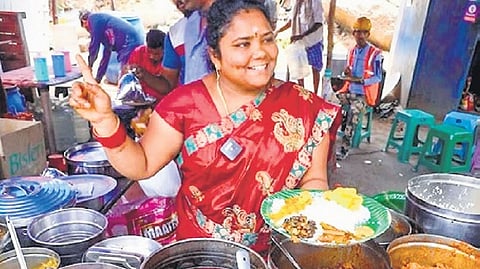 Sai Kumari, popularly known as Kumari Aunty, sells meals at her stall in Madhapur