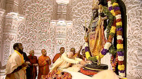 Prime Minister Narendra Modi offers prayers before the idol of Ram Lalla during the 'Pran Pratishtha' ceremony at the Ram Mandir, in Ayodhya, Monday, January 22, 2024.