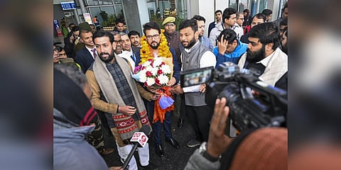 Union Minister Anurag Thakur being welcomed on his arrival, in Lucknow, Saturday, Jan. 27, 2024.