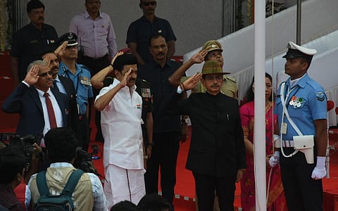 Tamil Nadu Governor RN Ravi with Chief Minister MK Stalin during the celebration of the 75th Republic Day, at Kamarajar Salai in Chennai.
