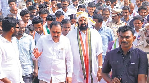 Irrigation and Civil Supplies Minister N Uttam Kumar Reddy during the inauguration of panchayat and anganwadi buildings in Huzurnagar on Sunday