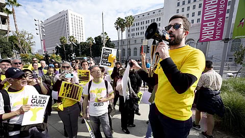 Matt Hamilton, an investigative reporter for The Los Angeles Times, talks to staff and supporters during a rally on Friday, Jan 19, 2024.