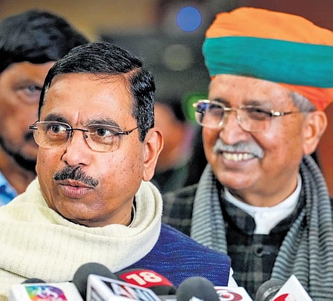 Union Ministers Pralhad Joshi and Arjun Ram Meghwal address the media after an all-party meeting 