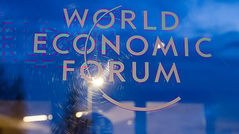 The logo of the World Economic Forum displayed on a window at the Congress Center in Davos, Switzerland, Sunday, Jan. 14, 2024.