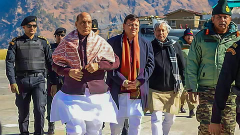 Defence Minister Rajnath Singh with Uttarakhand Chief Minister Pushkar Singh Dhami and others during the inauguration of 35 infrastructure projects of BRO
