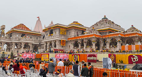 Ram Mandir decorated with flowers as part of preparations for its consecration ceremony, in Ayodhya, on Monday, January 22, 2024.