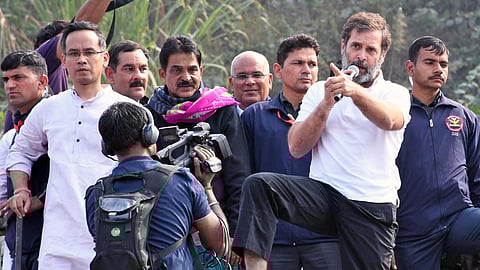 Congress leader Rahul Gandhi addresses the supporters during the 'Bharat Jodo Nyay Yatra', in Guwahati, Assam on Tuesday, January 23, 2024. 