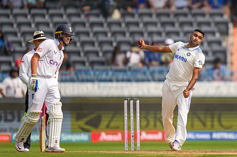 Ravichandran Ashwin bowls during the first day of the first Test between India and England at Rajiv Gandhi International Stadium in Hyderabad (Photo | PTI)