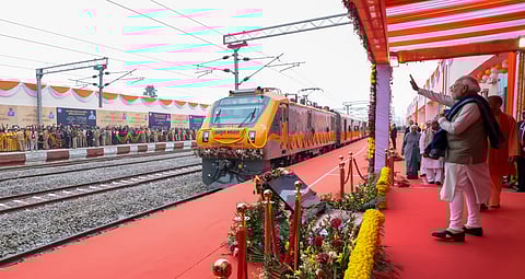 PM Narendra Modi at the flagging off ceremony of new Amrit Bharat trains and Vande Bharat trains at Ayodhya, in Uttar Pradesh on December 30, 2023.