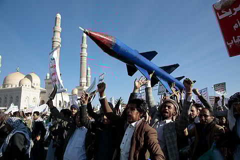 Houthi supporters attend a rally in support of the Palestinians in the Gaza Strip and against the U.S.-led airstrikes on Yemen, in Sanaa, Yemen, Friday, Jan. 26, 2024.