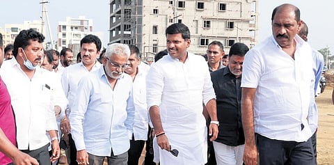 YSRC regional coordinator YV Subba Reddy inspects arrangements for Samarabheri to be addressed by CM Jagan, in Bheemili on Wednesday I express