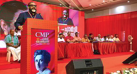 CMP general secretary C P John inaugurates the delegates’ conference at the 
11th party congress in Kochi on Monday