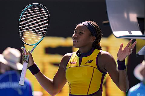 Coco Gauff of the U.S. celebrates after defeating Marta Kostyuk of Ukraine in their quarterfinal match at the Australian Open tennis championships at Melbourne Park.