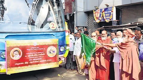 Minister PK Sekarbabu inaugurated ‘Arupadai Veedu Aanmiga Payanam’ at Arulmigu Muthukumarasamy Thirukoil on Sunday. 