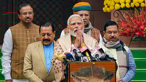 Prime Minister Narendra Modi addresses the media on the first day of the Budget session of Parliament, in New Delhi.