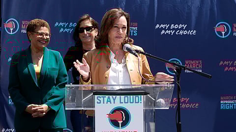 US Vice President Kamala Harris speaks at the Women's March, April 15, 2023, in Los Angeles.