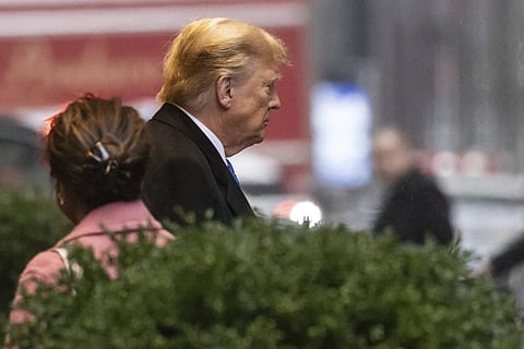 Former US President Donald Trump walks to make comments to members of the media after a jury convicted him of felony crimes for falsifying business records in a scheme to illegally influence the 2016 election, at Manhattan Criminal Court, Thursday, May 30, 2024, in New York.