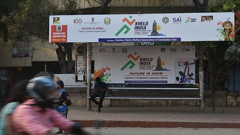 Khelo India Youth Games banners are placed without having images of Prime Minister Narendra Modi at Redcross bus stop in Coimbatore on Saturday.  