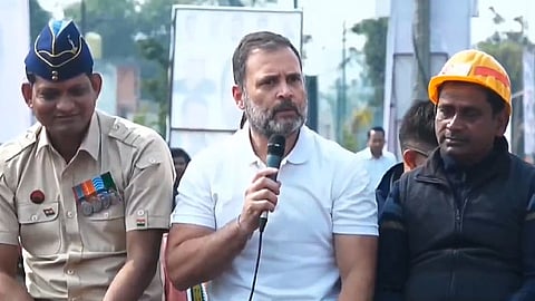 Congress leader Rahul Gandhi speaks during his party's Bharat Jodo Nyay Yatra in Korba, Chhattisgarh, on Monday.