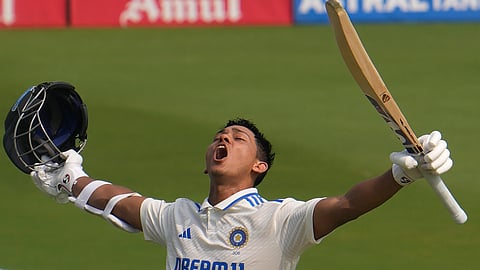 Yashasvi Jaiswal celebrates his double century on the second day of the second test match between India and England, in Visakhapatnam, India, Saturday, Feb. 3, 2024. 