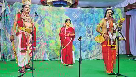 A cultural programme underway during the Sri Tyagaraja Swamy Thyagaraja Utsavalu at the Sri Raja Rajeshwara Swamy temple in Vemulawada Saturday
