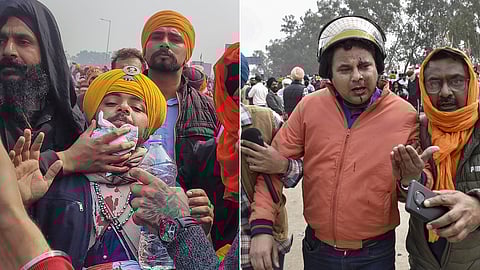 A farmer (L) and a journalist (R) were assisted after being injured when the police fired teargas shells to disperse farmers during their 'Delhi Chalo' march at the Punjab-Haryana Shambhu border, Tuesday, Feb. 13, 2024.