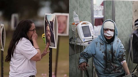 (L) Ela Bahat touches a picture of her 30-year-old son Dror, who was killed on Oct. 7 in a cross-border attack by Hamas; (R) A Palestinian wounded in the Israeli bombardment sits in a hospital in Rafah, Gaza Strip, Feb. 10, 2024.
