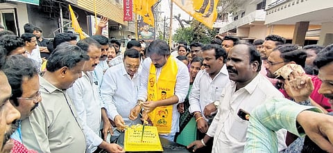 TDP activists celebrate the allotment of party tickets to Adireddy Srinivas in Rajahmundry City Assembly constituency on Saturday.