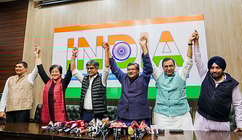 AAP leaders Saurabh Bharadwaj, Atishi Singh and Sandeep Pathak with Congress leaders Mukul Wasnik, Deepak Babaria and Arvinder Singh Lovely during a joint press conference, in New Delhi, Saturday, Feb. 24, 2024. 