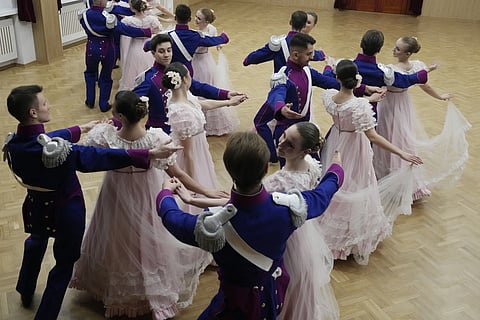 Dancers of the Warszawianka ensemble of the University of Warsaw perform Poland's national Polonaise dance in 18th century costumes on Feb 8, 2024.