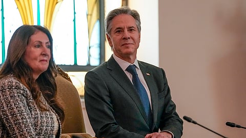 US Secretary of State Antony Blinken, flanked by US Ambassador to Egypt Herro Mustafa Garg, left, attends a meeting with Egyptian President Abdel Fattah Al-Sissi, at Al-Ittihadiya Palace, in Cairo, Tuesday, Feb. 6, 2024.