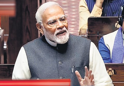 PM Modi speaks in the Rajya Sabha on Thursday.