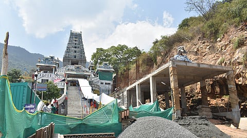 Construction of a lift facility for the welfare of devotees at Maruthamalai temple in Coimbatore on Friday.