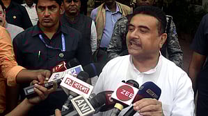 Leader of Opposition in West Bengal Assembly Suvendu Adhikari speaks to media after he was spotted from visiting Sandeshkhali village.